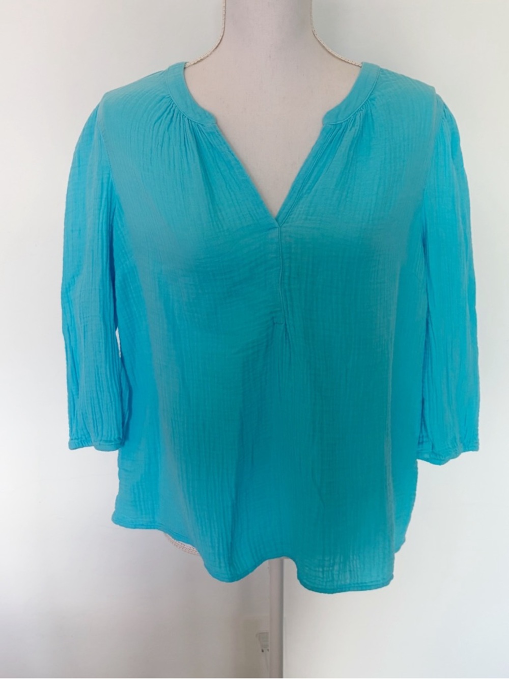 J Jill Petite Aqua Blue Cotton Gauze V-neck Blouse Size PM